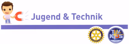 Schriftzug "Jugend & Technik" mit einer Zeichnung von einem Jungen, der einen Magneten h&auml;lt.