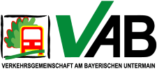 Schriftzug "VAB" und "Verkehrsgemeinschaft am Bayerischen Untermain" mit einer Zeichnung eines Zugs