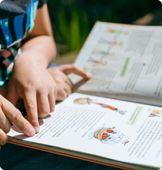 Nahaufnahme zweier Kinderhände, die in einem aufgeschlagenen Sachbuch lesen.